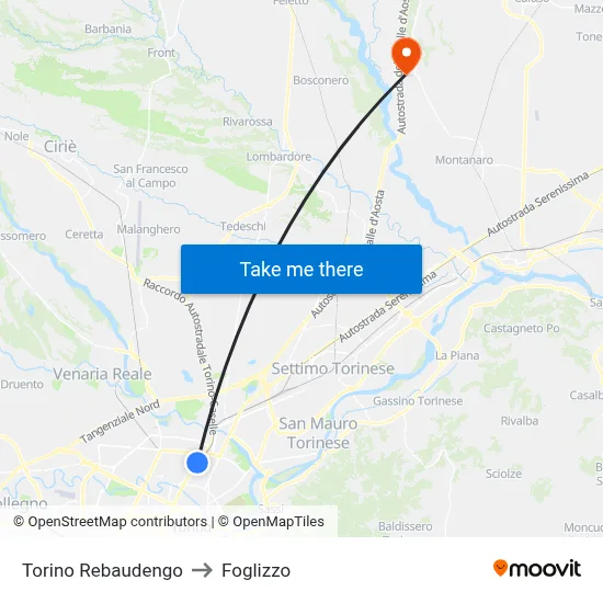 Turin Rebaudengo to Foglizzo map