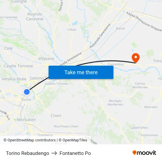 Turin Rebaudengo to Fontanetto Po map