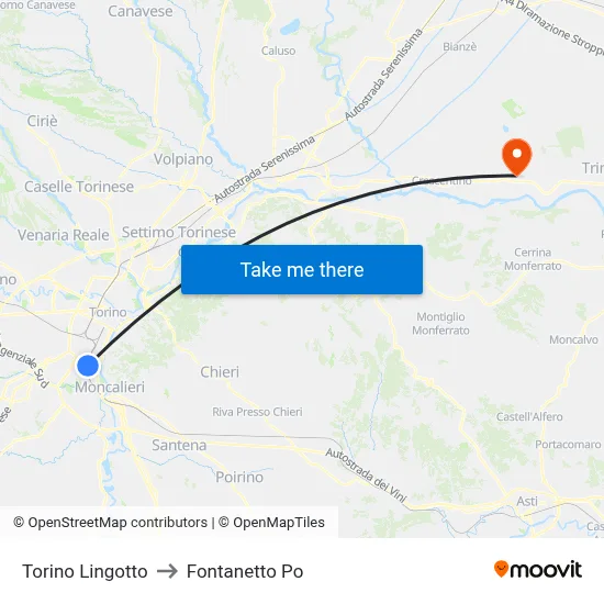 Turin Lingotto to Fontanetto Po map
