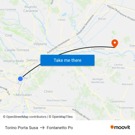 Turin Porta Susa to Fontanetto Po map