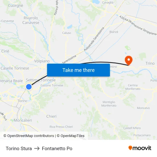 Turin Stura to Fontanetto Po map