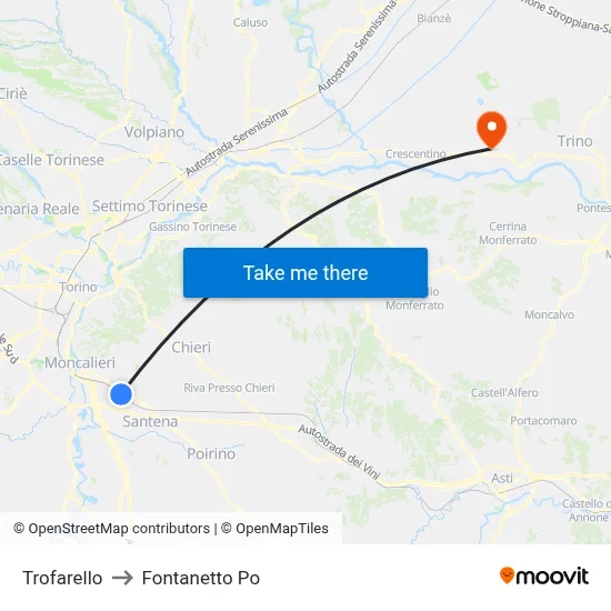 Trofarello to Fontanetto Po map