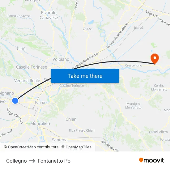Collegno to Fontanetto Po map