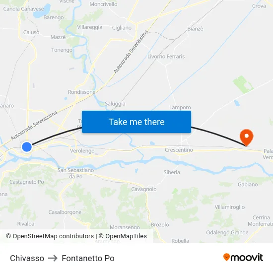 Chivasso to Fontanetto Po map