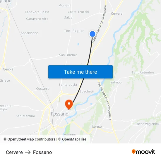 Cervere to Fossano map
