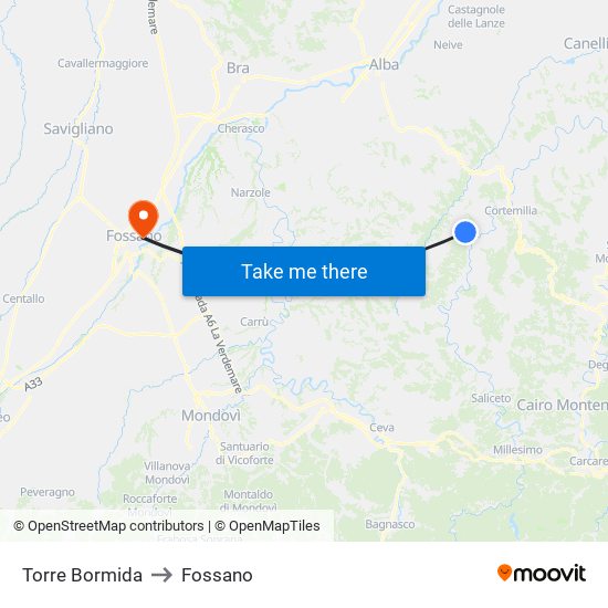 Torre Bormida to Fossano map