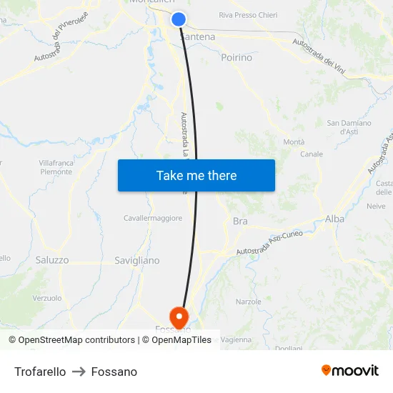 Trofarello to Fossano map