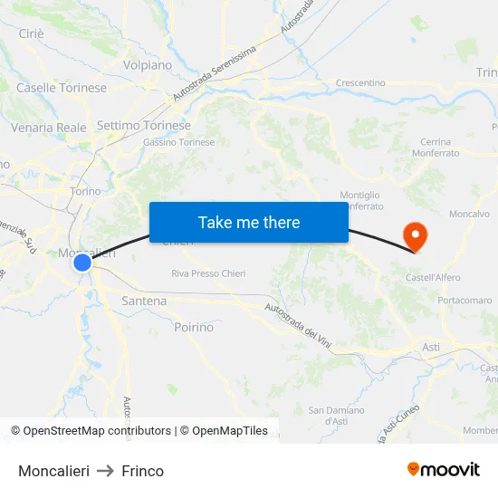 Moncalieri to Frinco map