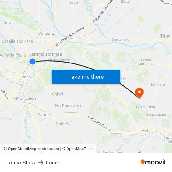 Turin Stura to Frinco map