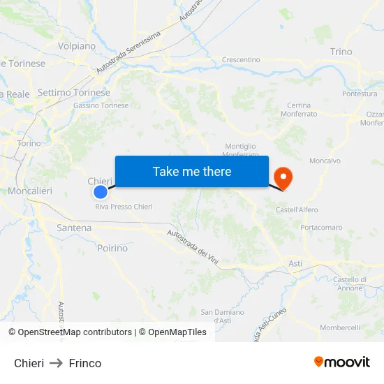 Chieri to Frinco map