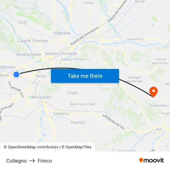 Collegno to Frinco map