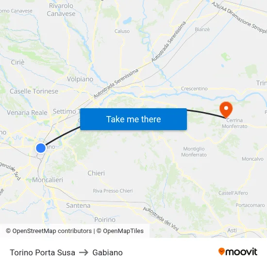 Turin Porta Susa to Gabiano map
