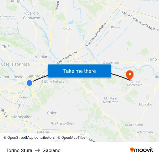 Turin Stura to Gabiano map
