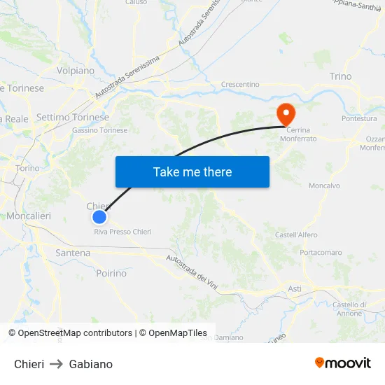 Chieri to Gabiano map