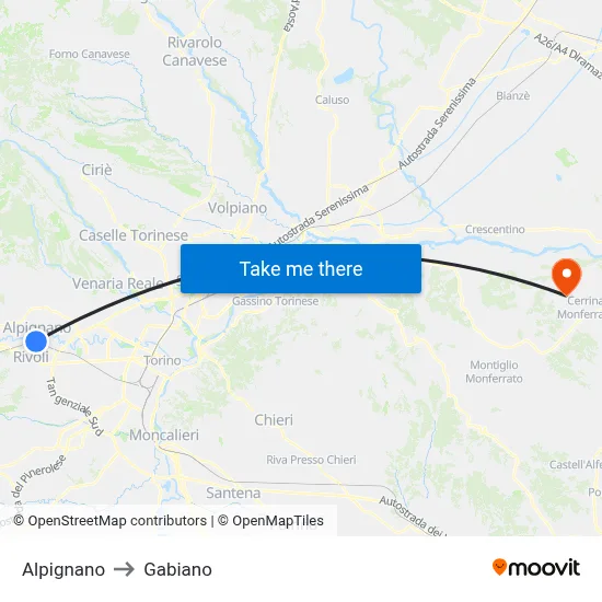 Alpignano to Gabiano map