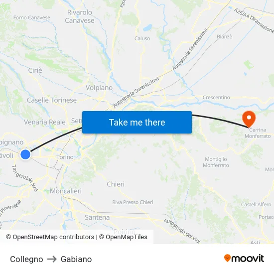 Collegno to Gabiano map