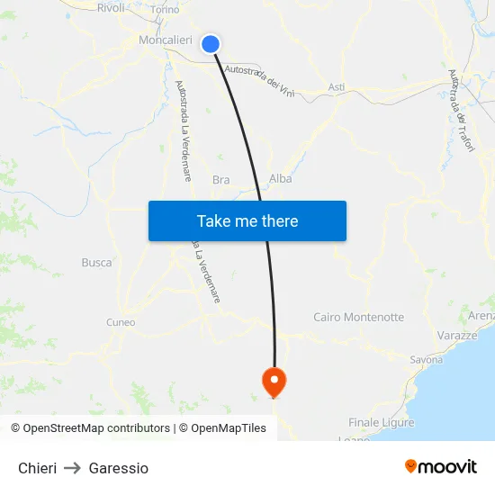 Chieri to Garessio map