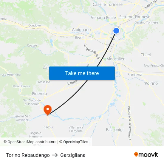 Turin Rebaudengo to Garzigliana map