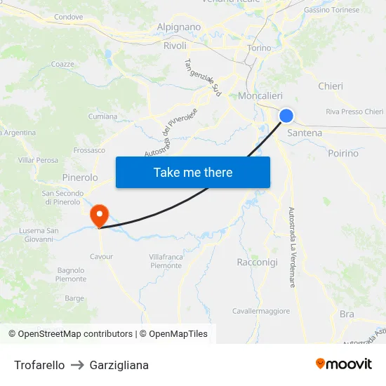Trofarello to Garzigliana map