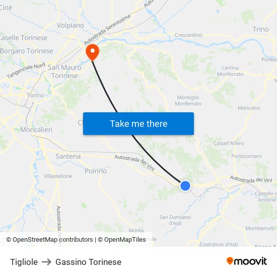 Tigliole to Gassino Torinese map