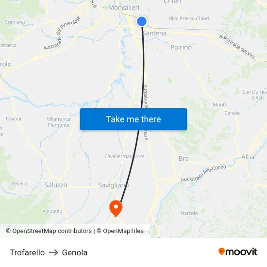 Trofarello to Genola map