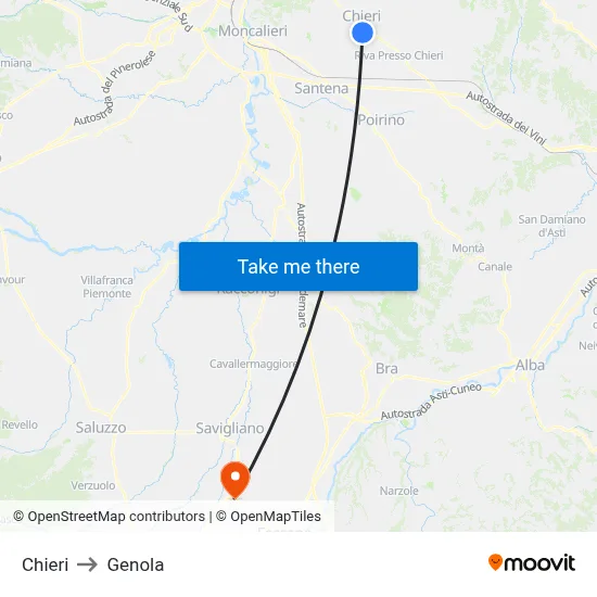 Chieri to Genola map