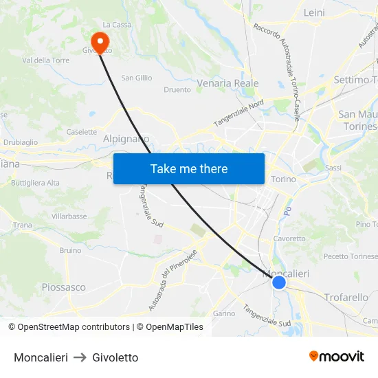 Moncalieri to Givoletto map