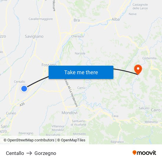 Centallo to Gorzegno map