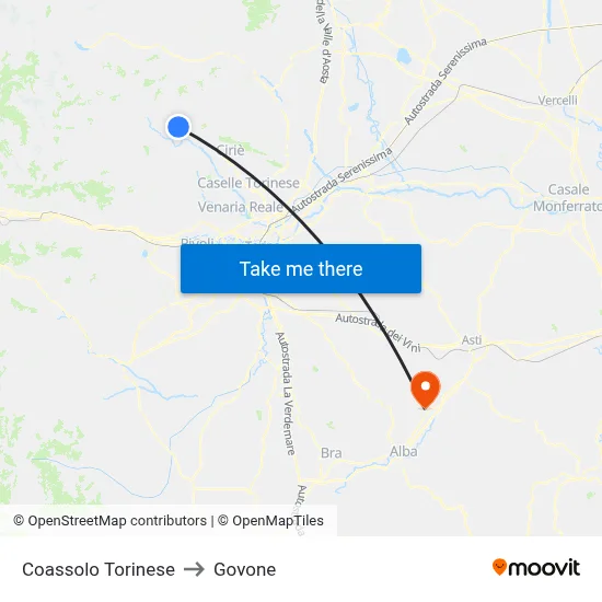 Coassolo Torinese to Govone map