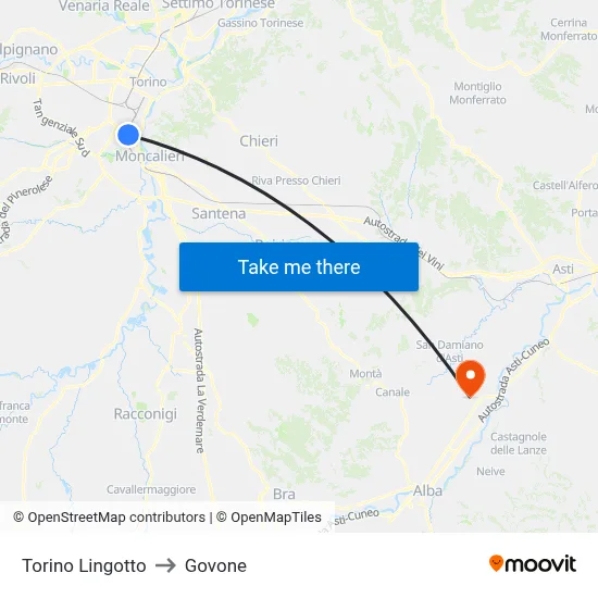 Turin Lingotto to Govone map