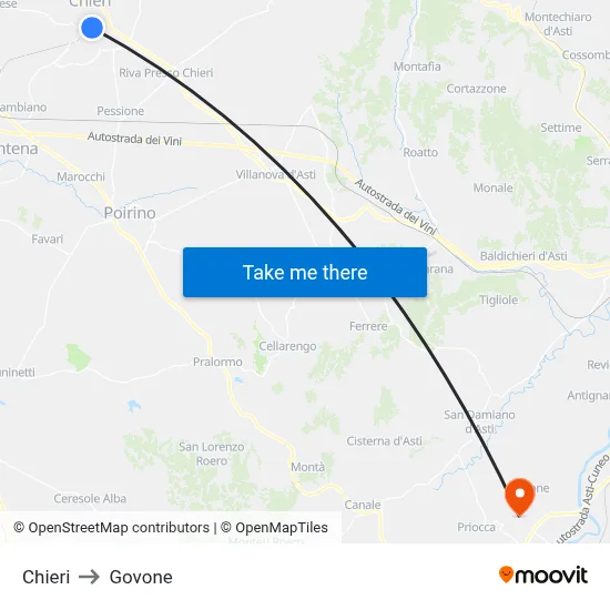 Chieri to Govone map