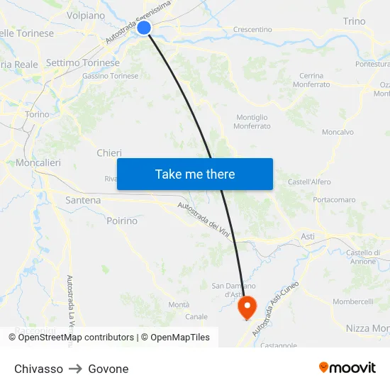 Chivasso to Govone map