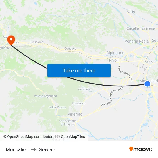 Moncalieri to Gravere map