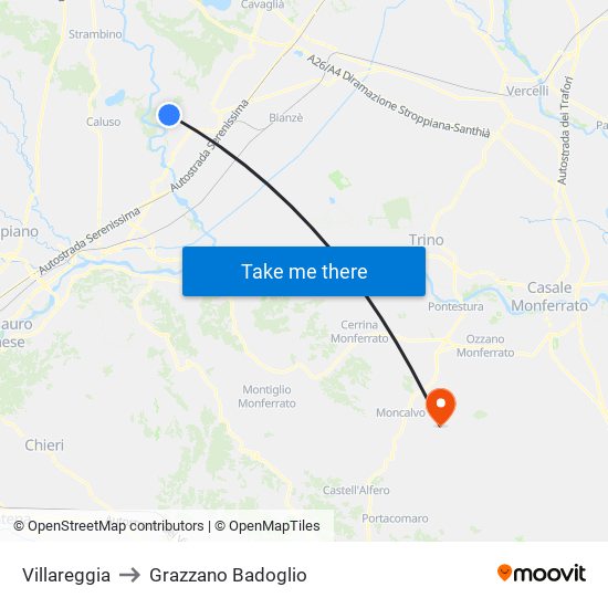 Villareggia to Grazzano Badoglio map