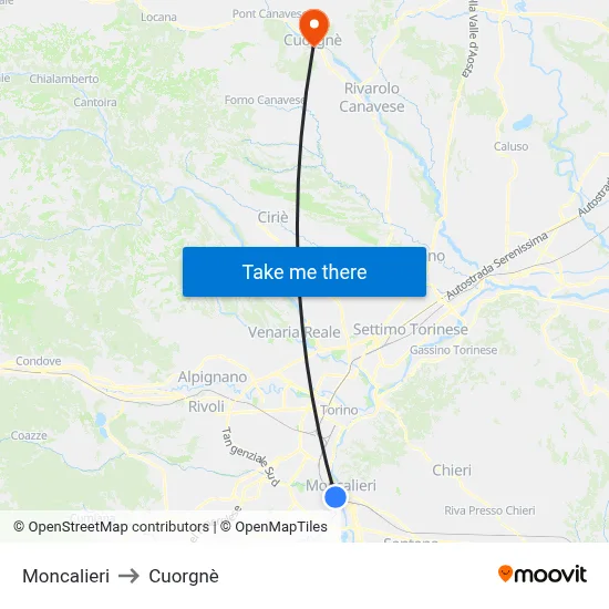 Moncalieri to Cuorgnè map
