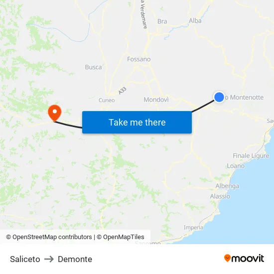 Saliceto to Demonte map