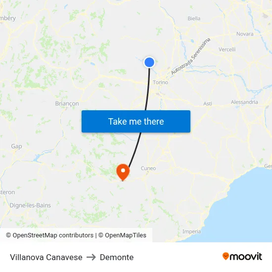 Villanova Canavese to Demonte map