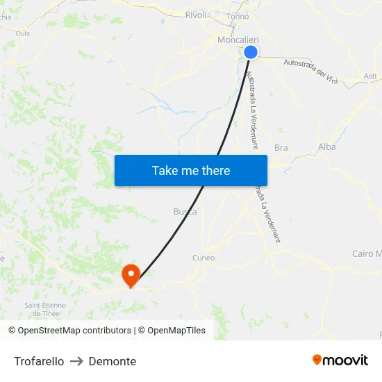 Trofarello to Demonte map