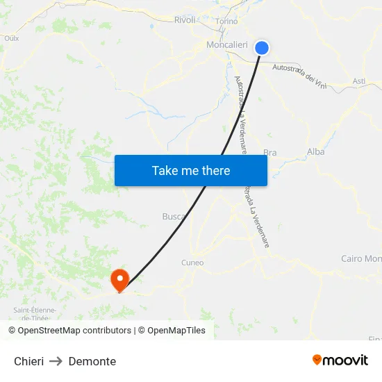Chieri to Demonte map