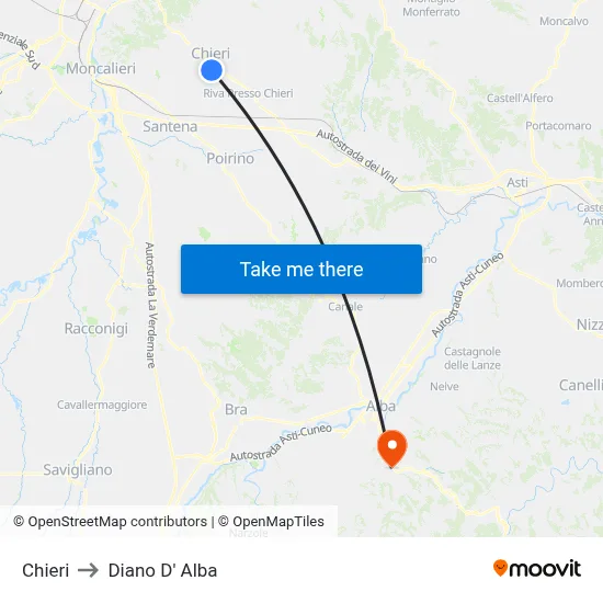 Chieri to Diano d'Alba map