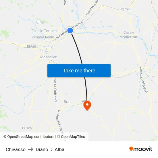 Chivasso to Diano d'Alba map