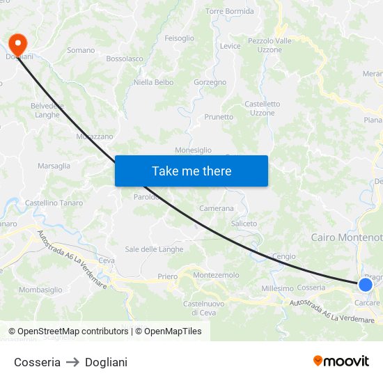 Cosseria to Dogliani map