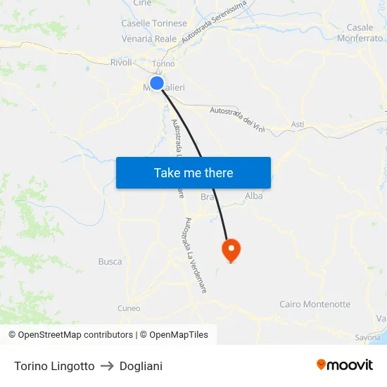 Turin Lingotto to Dogliani map
