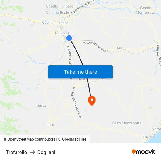 Trofarello to Dogliani map