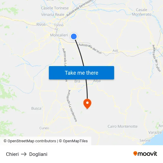 Chieri to Dogliani map