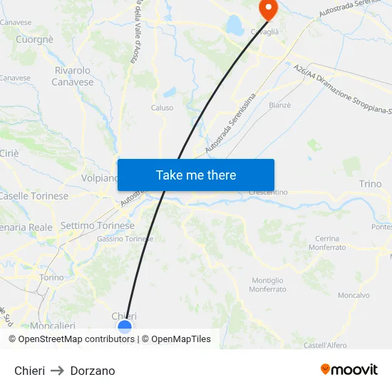 Chieri to Dorzano map