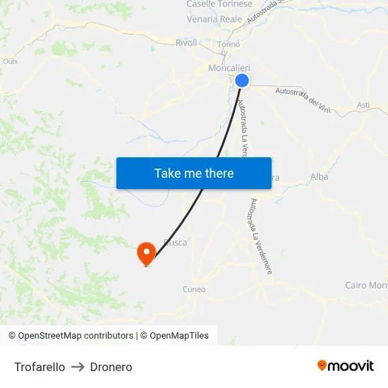 Trofarello to Dronero map