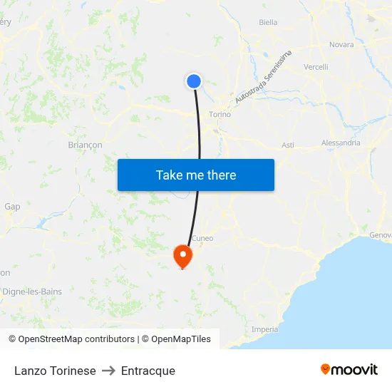 Lanzo Torinese to Entracque map