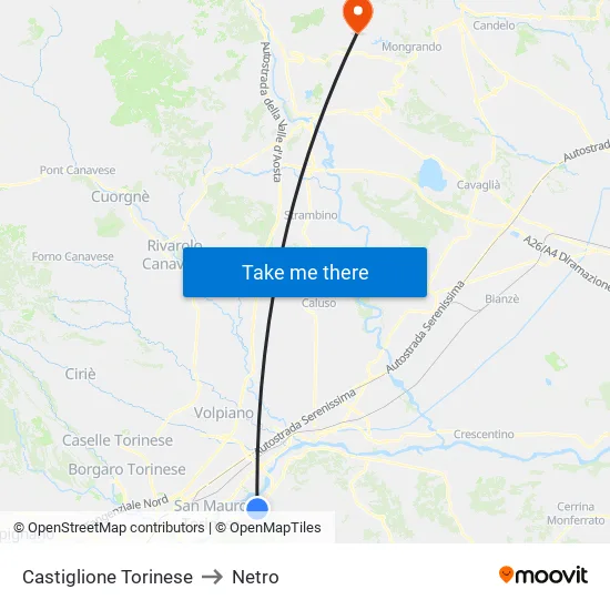 Castiglione Torinese to Netro map