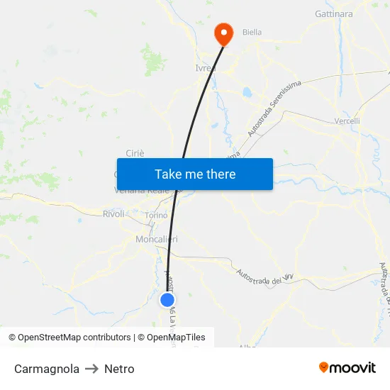 Carmagnola to Netro map